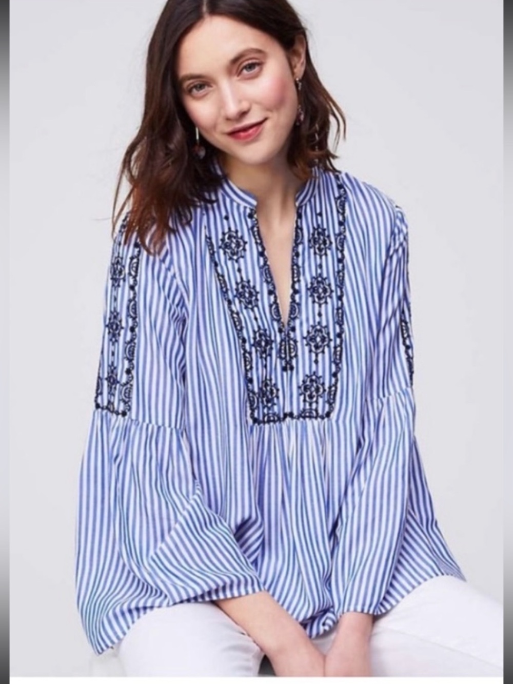 LOFT striped embroidered bell sleeve blouse top Sz L Boho Beach Coastal Resort
